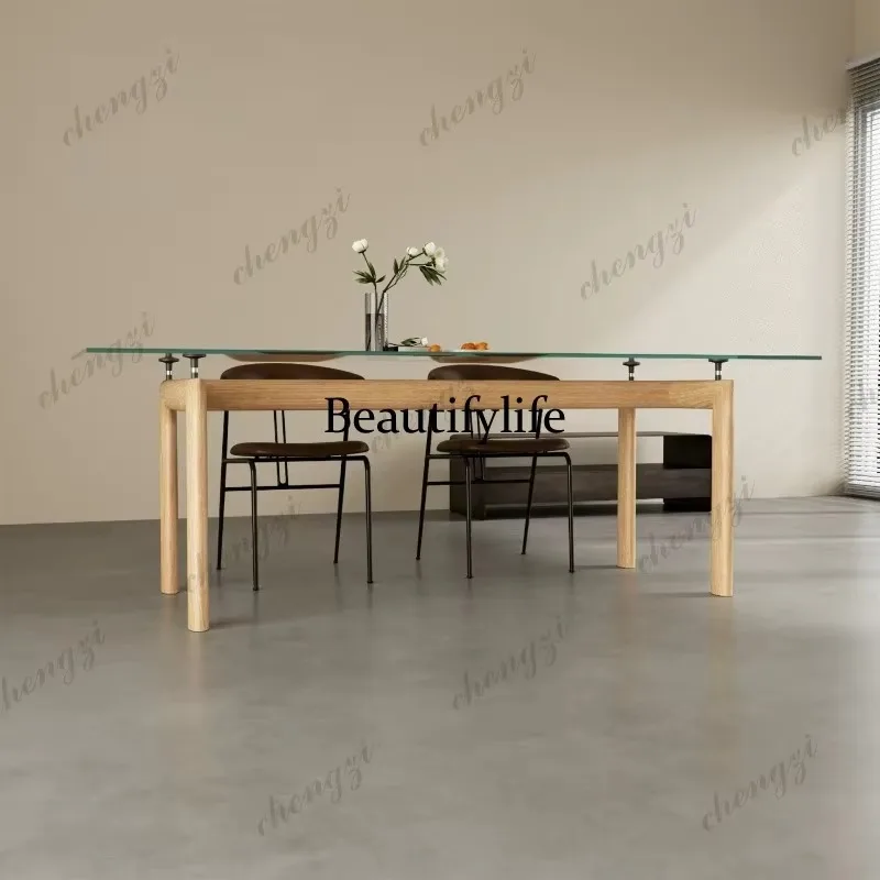 F4567 simple modern dining table ash wood log color dining table ultra-white glass office conference table