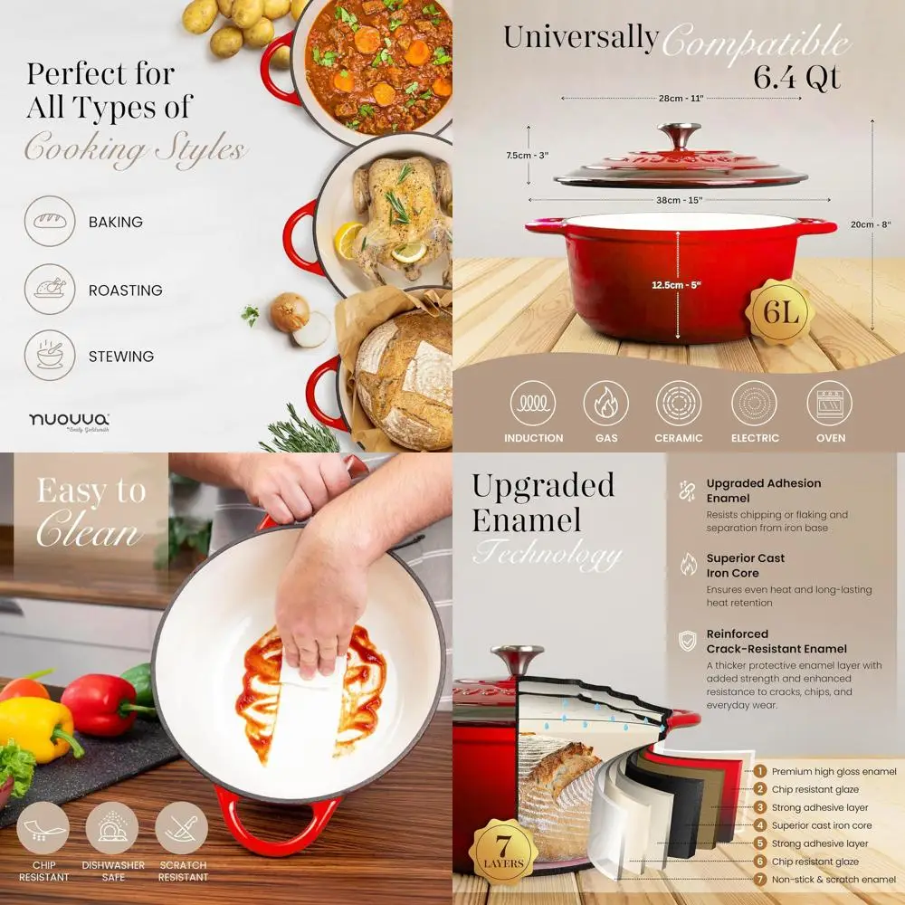 

Enamelled Cast Iron Dutch Oven Pot with Lid – 6.4 Quart Non Stick Casserole Pot – Heavy Duty & Oven Safe up to 500° F for Bread