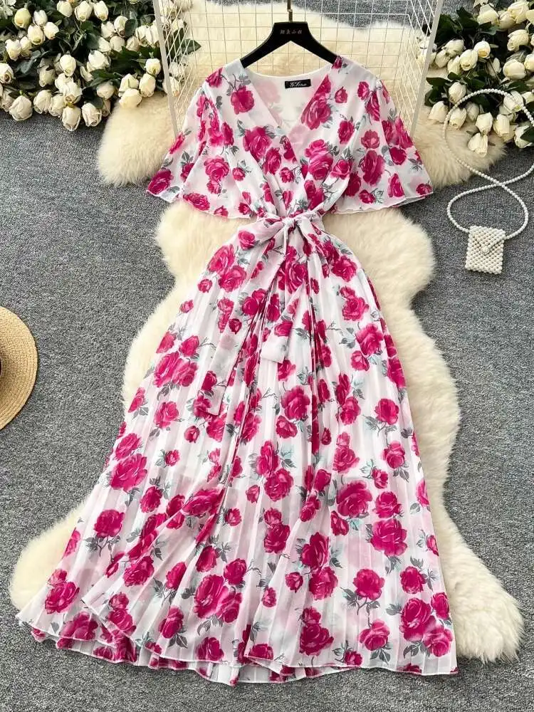 Mulheres elegante impresso vestido floral verão sexy com decote em v manga alargada chiffon vestidos longos senhoras magro bandagem longo robe vestidos