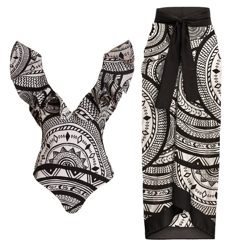 

Цельный купальник для женщин с глубоким V-образным вырезом и рюшами, винтажный принт, цельный купальник для женщин, купальник для внешней торговли, Amazon