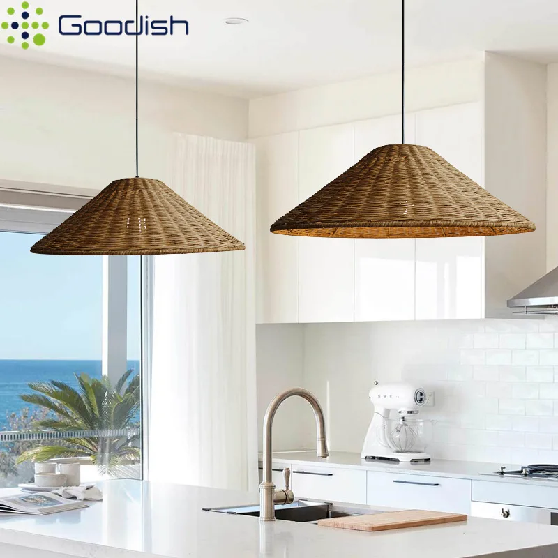 Rétro bohème naturel rotin osier Texture plafonnier tricoté à la main Art lumière pour salle à manger salon chambre décor à la maison lustre