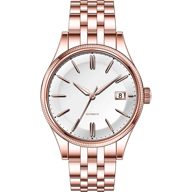 

Rose Gold Stainless Steel Luxury Watch TMI NH35 Automatic Movement Man Watches Date Display Customized Logo Mechanical Watches