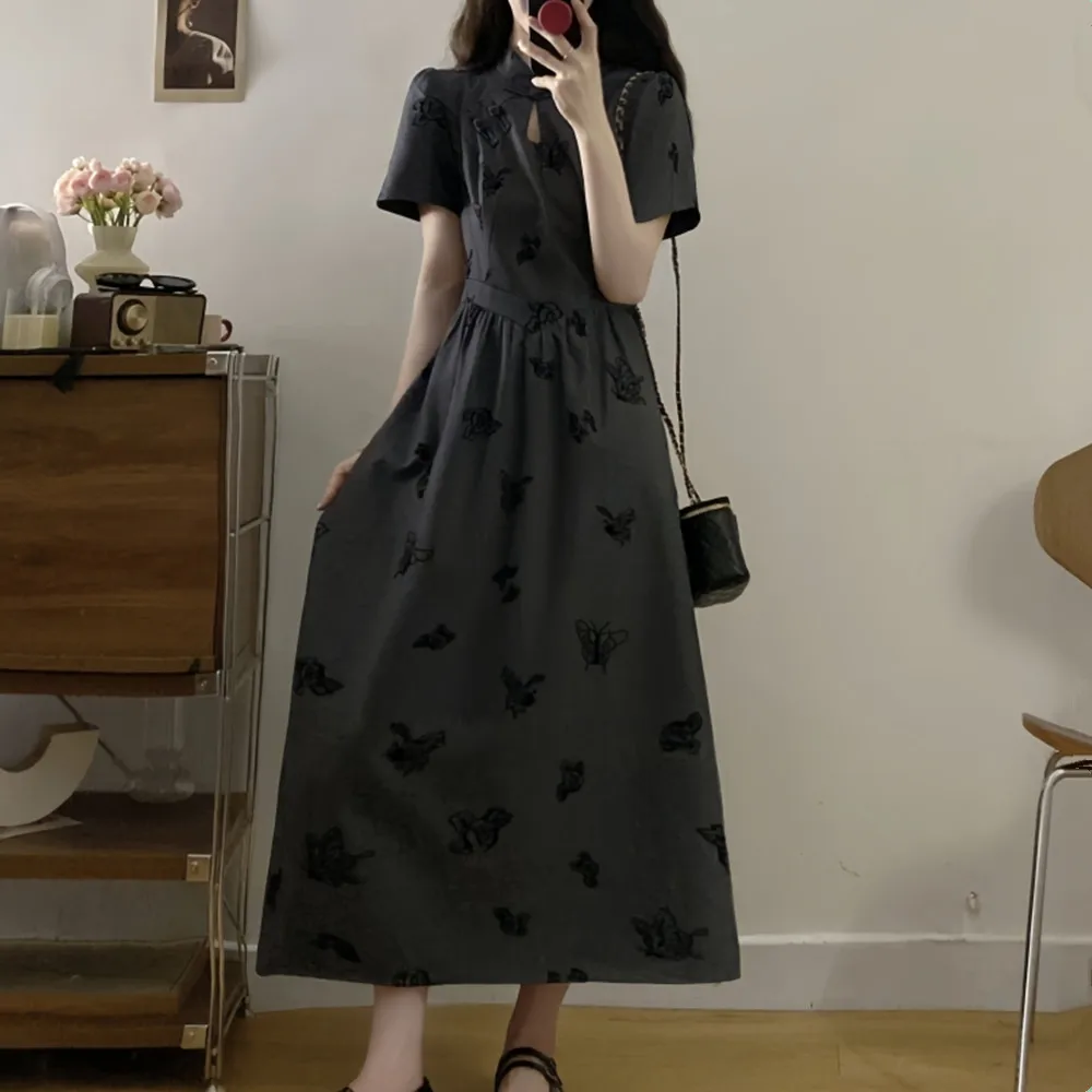 여성 여름 Y2K 슬림핏 A라인 드레스, 복고풍 나비 프린트 컷아웃 디자인 개구리 버튼 틈새 그레이 중국 스타일 치파오