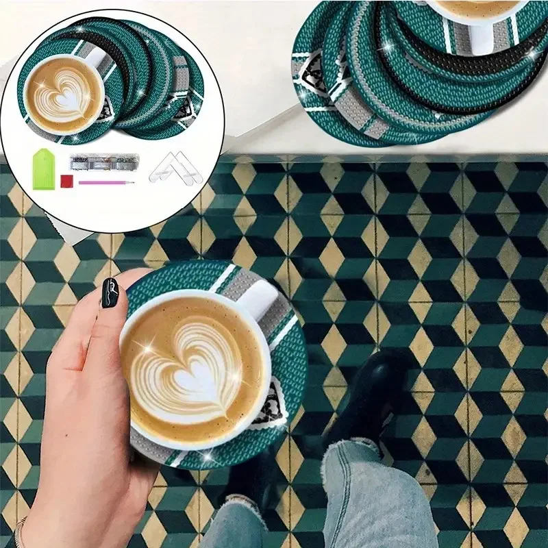 6/Set DIY Diamond Painting Coasters Non-Slip Wood Drip Mats Crystal Rhinestone Diamond Art Adult Coasters