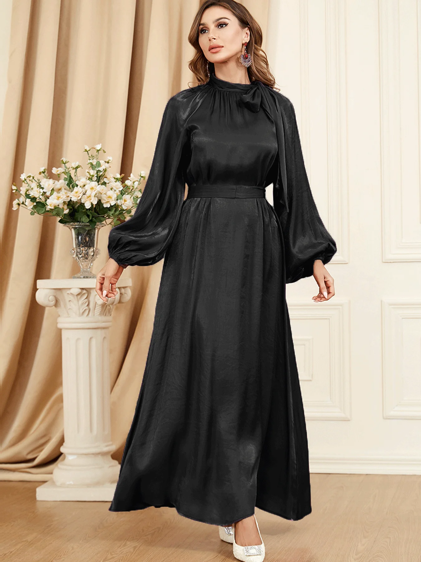 Shining Tie Neck Loose Modest Abaya Elegant Bishop Sleeve Belted Maxi Long Dress Dubai Islamic Clothing  Islam Muslim