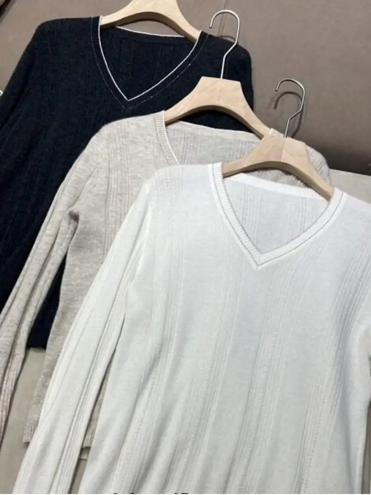 Minimalist V-neck Anti-static Cashmere Knit Sweater, Women Long Sleeve Pit Striped Versatile Comfort Base Top