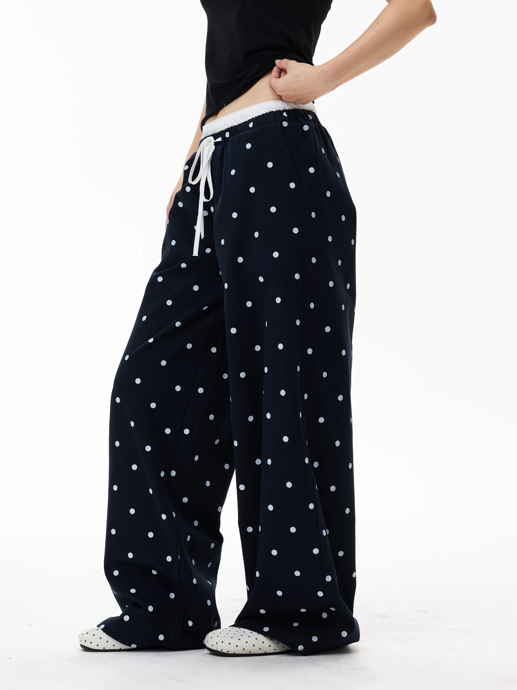 

Yeboon American Retro Polka Dot Drawstring Waist Women's Jeans Design Sense Lace Casual Pants Cotton Loose Comfortable
