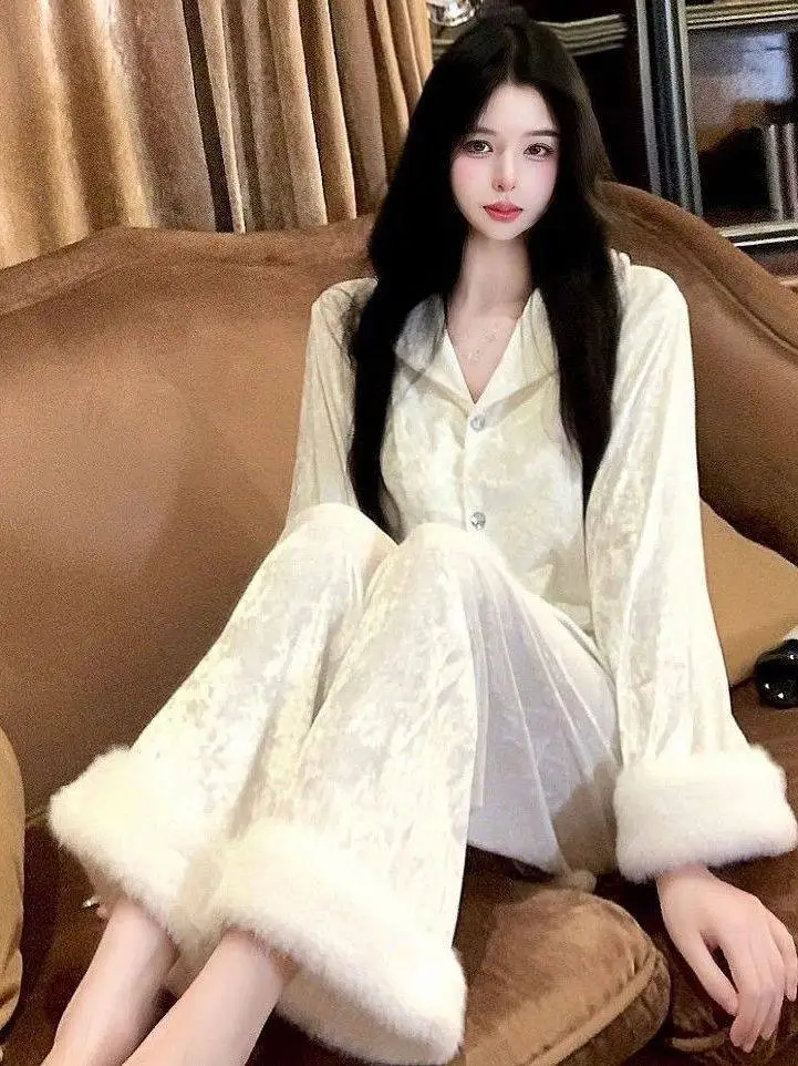 

plus Size Gold Velvet Sleepwear Set Women's Outerwear Home Clothes Long Sleeve Button up Casual Style Autumn Season Leisure S...