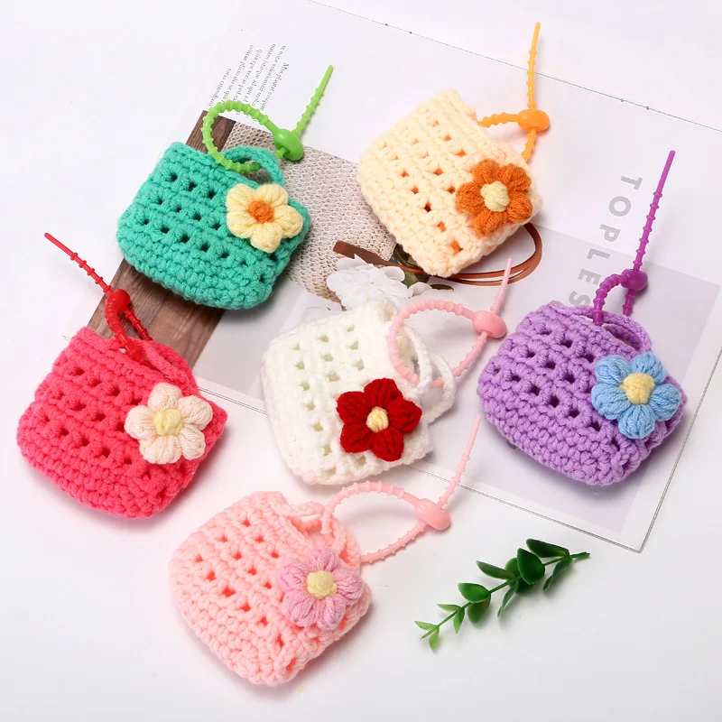 Handmade Crochet Mini Bag Keychain Cute Knitted Flower Small Pouch Earbud Storage Bag Pendant Backpack Decor Car Key Accessories