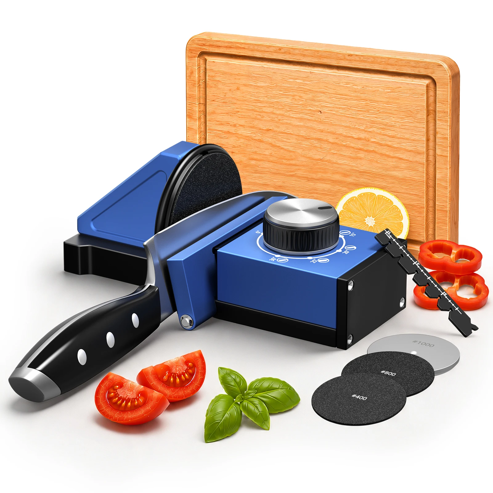 Kit affilacoltelli magnetico a rulli con affilatura a 3 fasi (400 # /800 # Diamante e 1000 # Dischi in ceramica), 0-30 ° Angolo regolabile, include un righello per misurare l'angolo, design