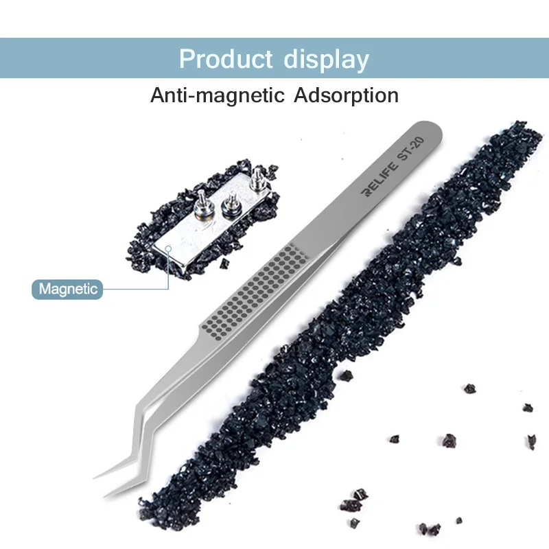 RELIFE ST-20 칩 주석 도금 포지셔닝 트위저, 고정밀 안티 마그네틱 미끄럼 방지 회로 기판 수리 트위저