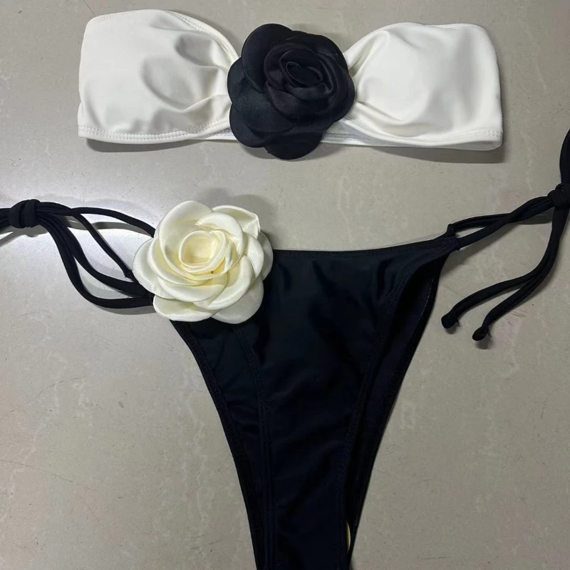 

3D Flower Bandeau Strapless Bikini Women Swimwear Female Swimsuit Two-pieces Bikini set Bather Bathing Suit Swimming summer 2024