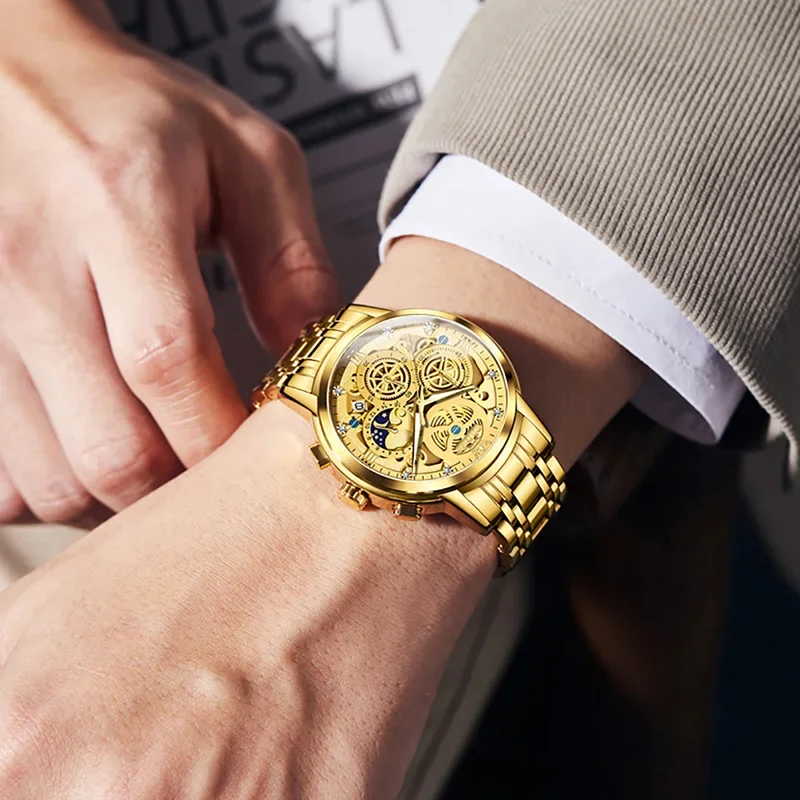 OLEVS นาฬิกาข้อมือ9947อเนกประสงค์สำหรับผู้ชาย, นาฬิกาข้อมือควอตซ์สแตนเลสสตีลกันน้ำได้สำหรับผู้ชายปฏิทินโครโนกราฟ