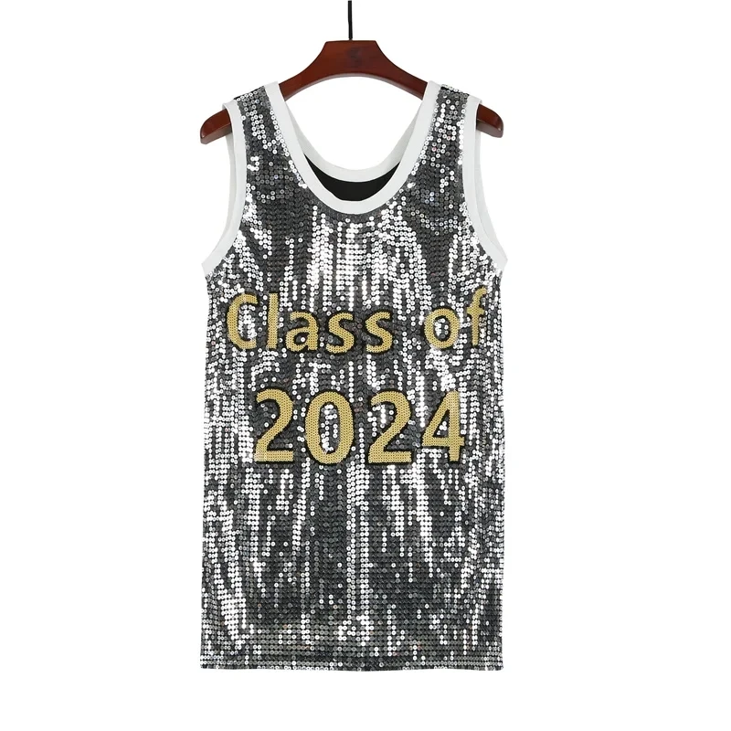 Summer New Digit Letter Sleeveless Sequins Streetwear T-Shirt Loose Round Neck Hip Hop Straight Night Club Fashion Vest Women's