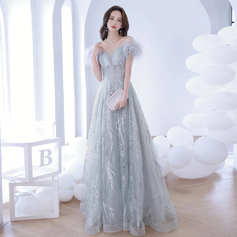 Luxe Off De Schouder Lange Avondjurk Veer Illusion Mesh Prom Party Gown Lovertjes Lace Up Kleine Trailing Banket Jurken