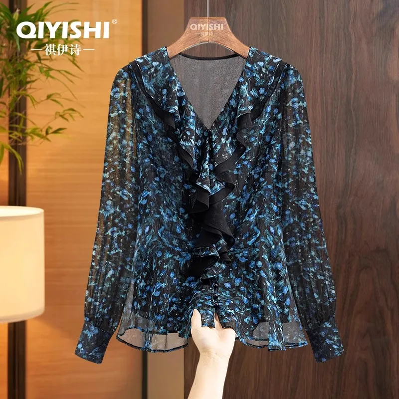

Модная синяя женская легкая шифоновая блузка с цветочным принтом и растениями, топ с длинными рукавами и v-образным вырезом, пуловеры с рюшами, повседневные рубашки