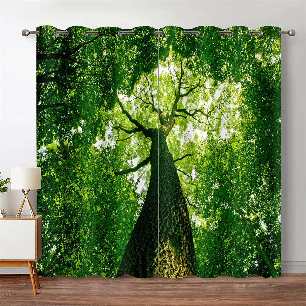 3D Forest Blackout Curtain Jungle Tree Nature Scenery Window Curtain Living Room Bedroom Waterfall Left and Right Biparting Open