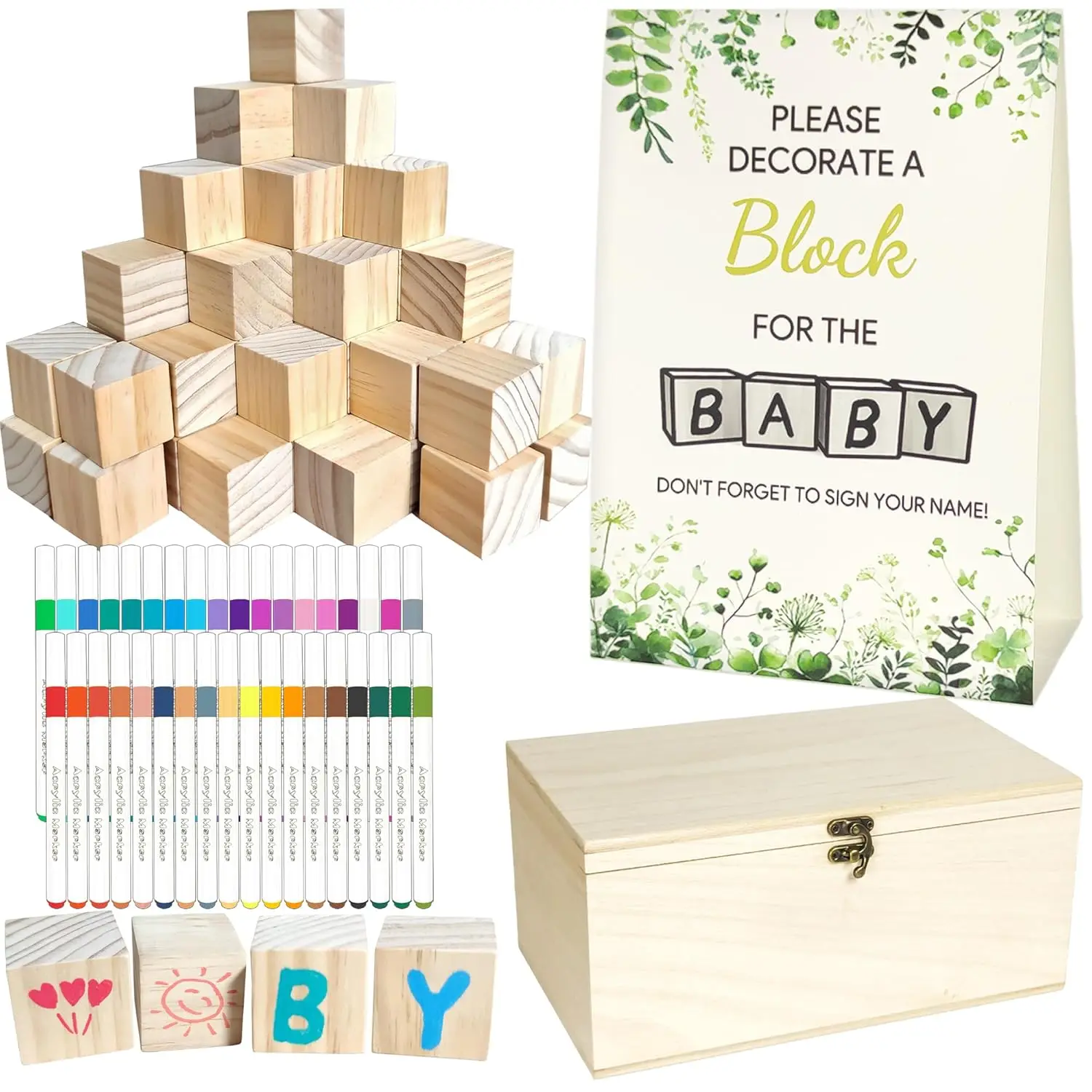 

Набор для игр на вечеринке в честь рождения ребенка из 98 предметов: 60 деревянных блоков, 36 маркеров, таблички и коробка для хранения для украшения праздника