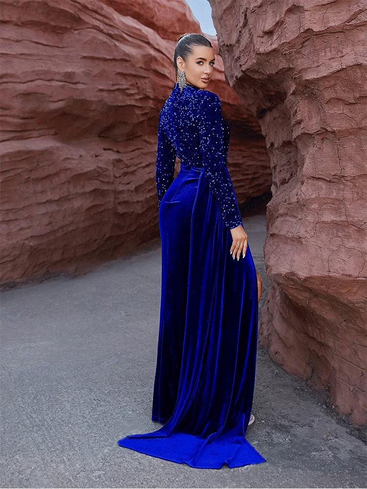 Round Neck Royal Blue Split Sequins Shiny Long Sleeve Banquet Velvet Evening Dress Women's Long Sleeve Banquet Evening Dress