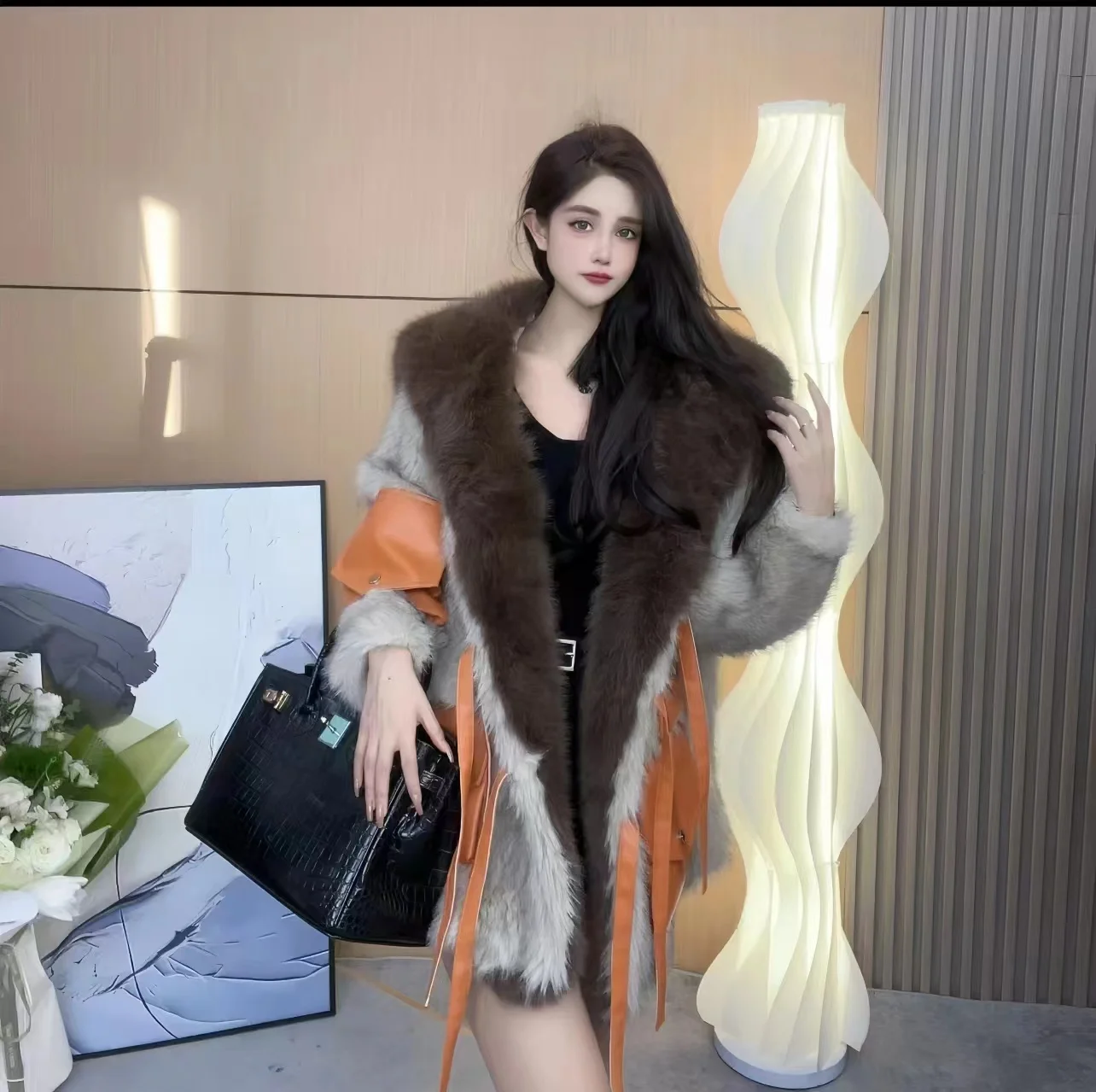 Faux Fur Coat for Women,Fox Fur Collar , Covered Button Jacket, Loose Thicken Warm Overcoat, Female Clothes,Spliced, Winter,New