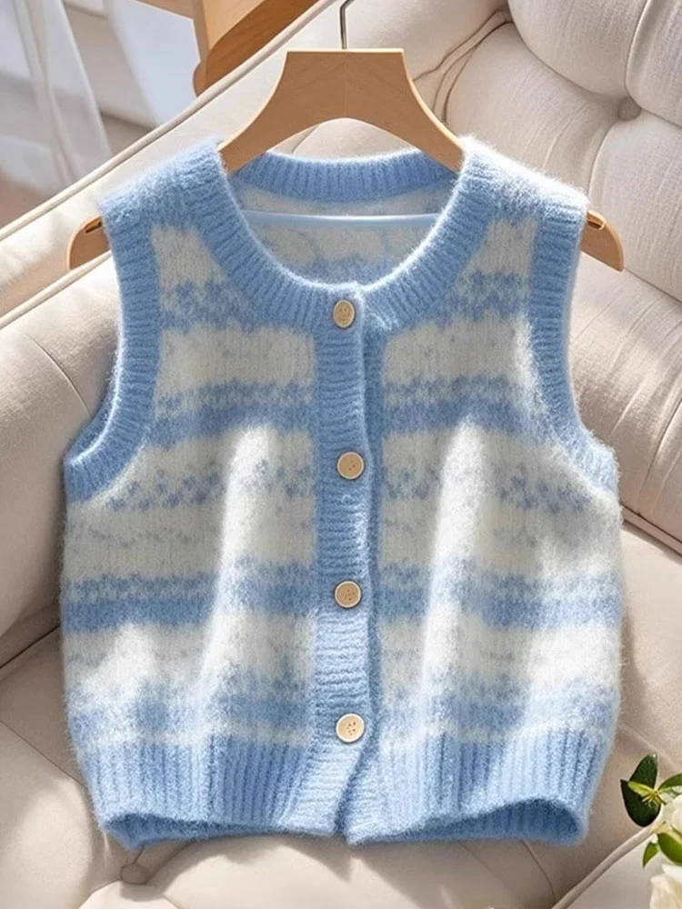 

Lazy Sle Knitted Vest Single Button round Ne Blue White Color Blo Beautiful Layering Top Korean Loose Fit Long Sve