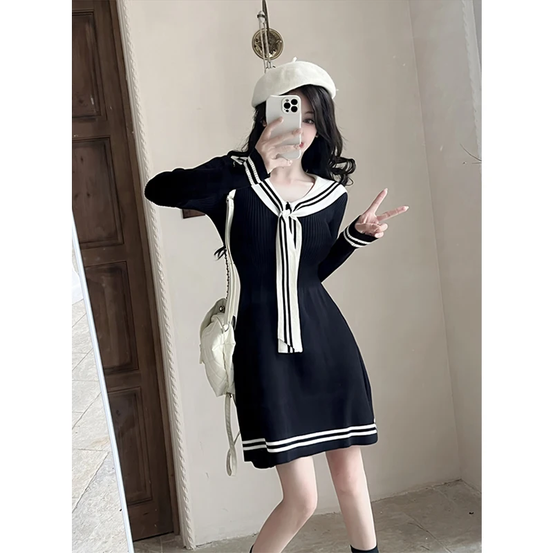 かわいい黒ニットミニドレス女性日本ロリータセーラー襟ドレス冬 Y2K ストライプ長袖ボディコン Vestidos 新しい