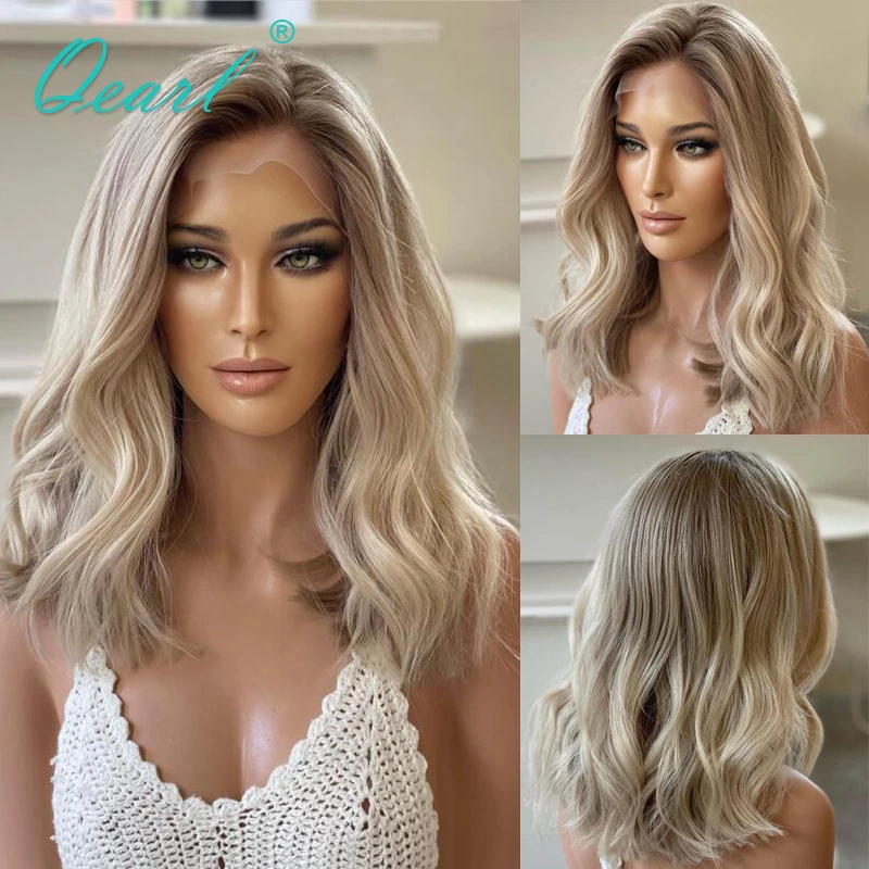 Short Ash Blonde Highlights Lace Front Wigs 13x4 Real Human Hair Lace Frontal Wig for women Glueless Pre Plucked Free ship QEarl