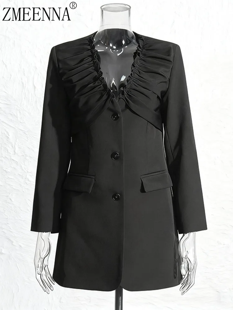 

ZMEENNA Women's Black Blazer With Ruffled V Neck And Button Closure Elegant And Stylish Long Sleeve Outerwear ZM4059