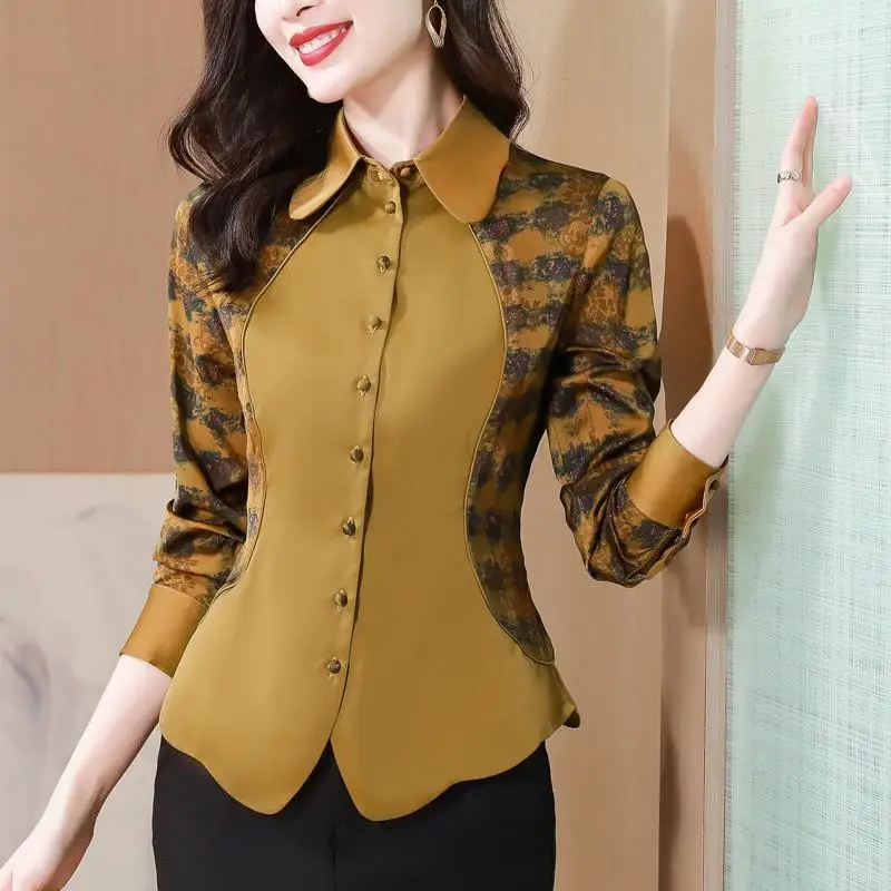 Women 2024 Spring New Middle Age Comfortable Patchwork Long Sleeves Tops Unique Lattice Flip Collar Corset Temperament Shirt