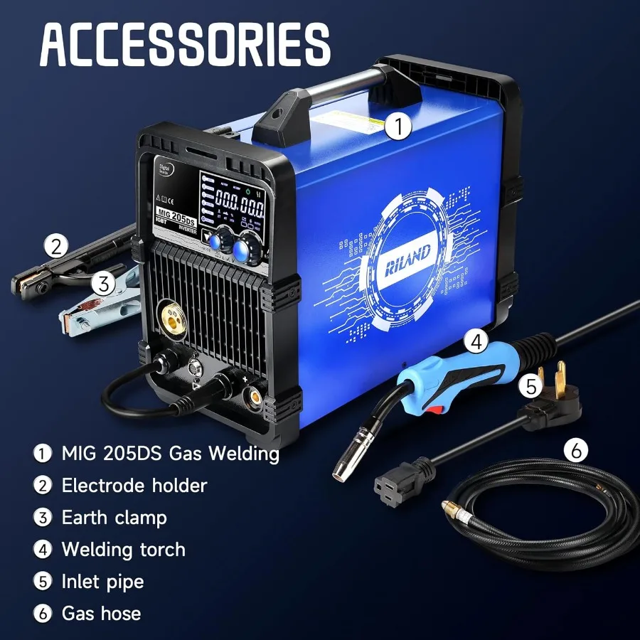 RILAND MIG205DS PRO 200Amp آلة لحام MIG ذات الجهد المزدوج لإصلاح السيارات وتصنيع المعادن ومشاريع ذاتية الصنع 5in1 متعددة