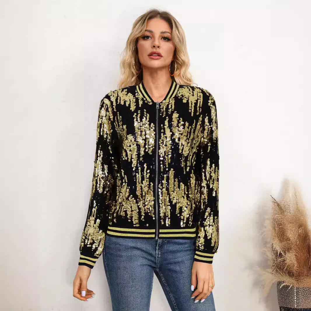 

Весенне-осенняя новая модная блестящая женская бейсбольная куртка с круглым вырезом, повседневное пальто с длинными рукавами