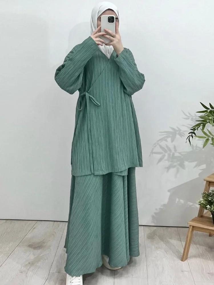 

Middle East Arabian Women's Dress Set Long Sleeve Cross Tie Pleated Crafted Loose Comfortable Halter A-line Female 2-Piece Sets