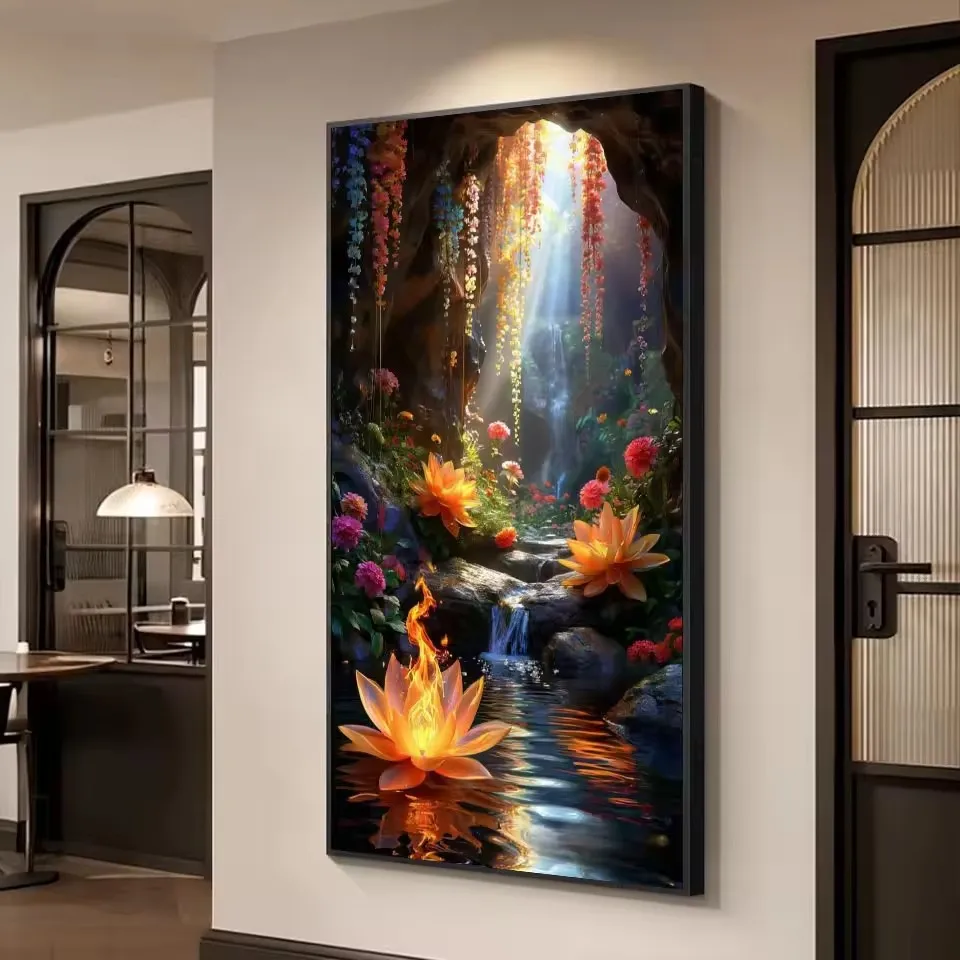 1pc frameless  5D DIY Diamond Mosaic Dreamlike Lotus Scenery Full Square Round Drills Diamond Painting Cave Stream Embroidery Ho