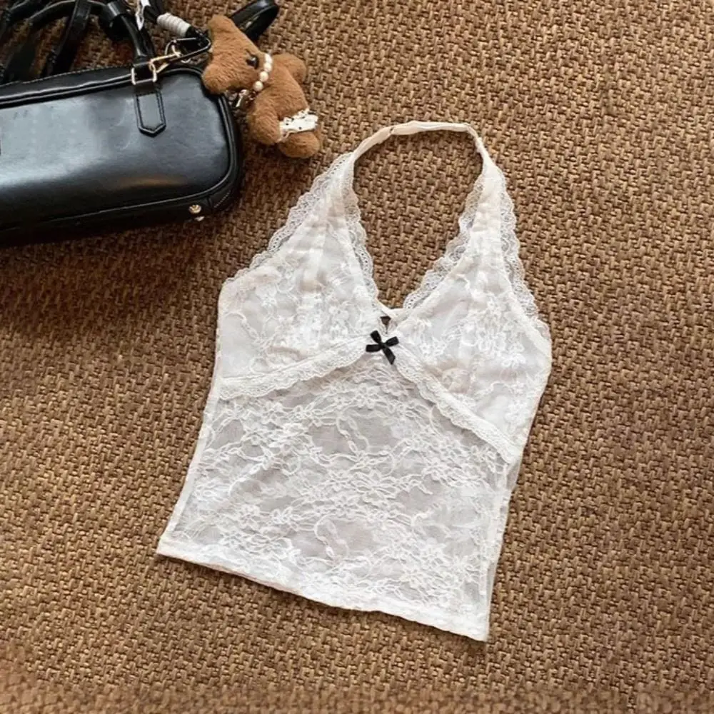 Elegant Mesh Lace Halter Vest V-neck Beachwear Lace-up Short Shirt Streetwear Spicy Girl Style Sweet Floral Camisole Party