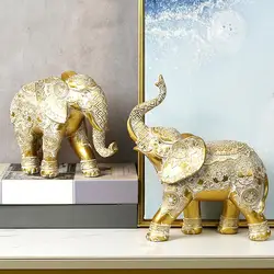 Golden Resin Elephant Statue Feng Shui Elegant Elephant Trunk Sculpture Lucky Wealth Figurine Crafts Ornaments For Home Decor