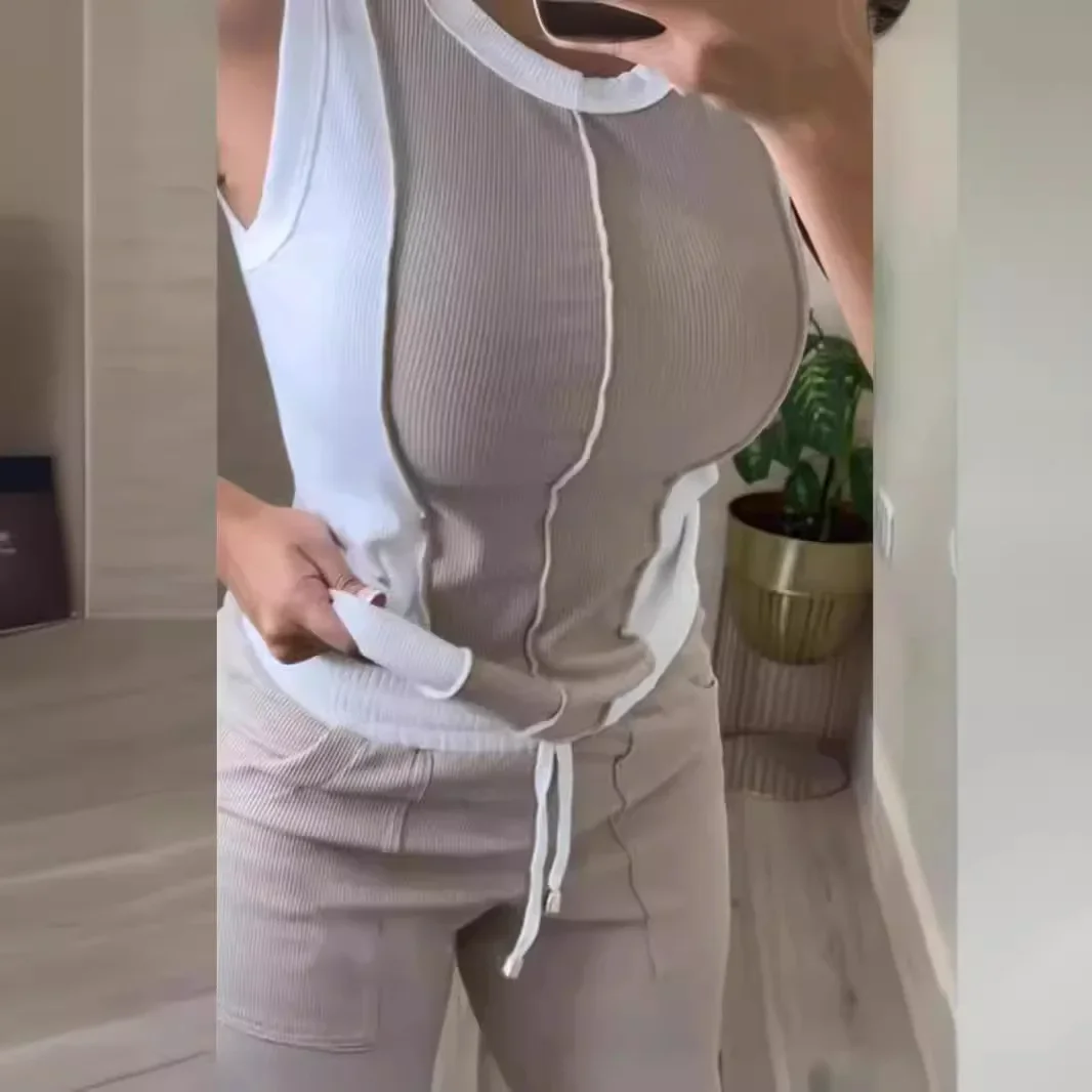 

Fashion Women Suits Streetwear New Versatile Colored Ribbed Sleeveless Vest and Pocket Design Pant Set for Female 2024 Summer