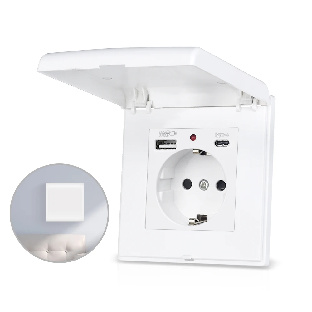 SRAN EU Standard Socket with Dust cover and waterproof cover, Wall Electrical Socket  White PC for Kitchen Bathroom