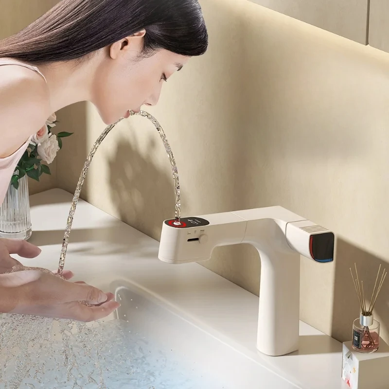 Dechlorination Filtration Bathroom Faucets Pull Out Water Filter Tap Basin Mixer Sink Faucet Gourmet LED Temperature Tap Brass