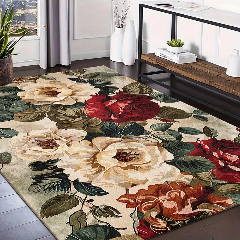 1PC Cream Red Green Multicolor Floral Runner Rug, Boho Chic Washable Rug for Entryway, Bedroom, Kitchen, Laundry Room, Dining Room