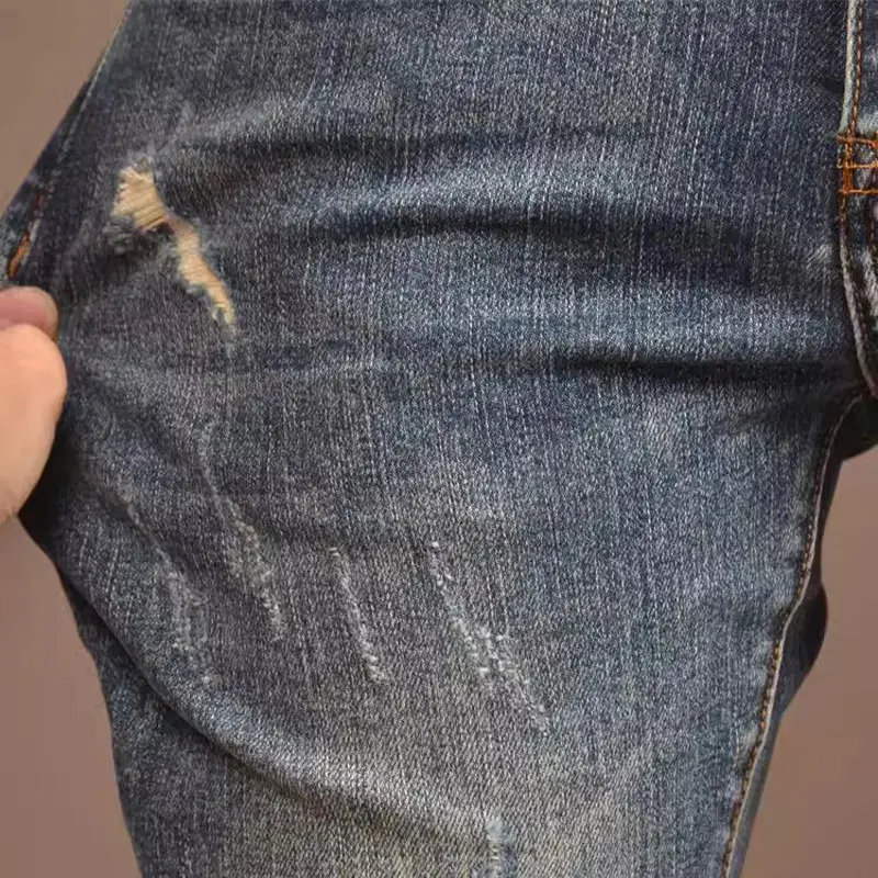 Fashion Streetwear Men Jeans Retro Washed Blue Elastic Slim Fit Ripped Jeans Men Vintage Designer Casual Denim Pants Hombre