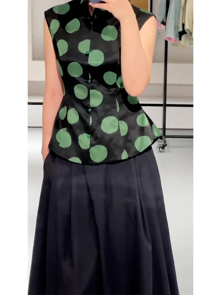 Summer New Chic Western-style Age Reducing Top with Black Polka Dot Sleeveless Elegant Fashion for Women Popularity