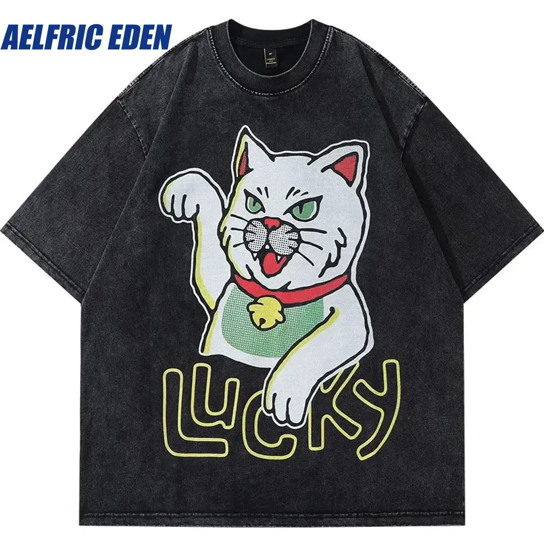 

Aelfric Eden Hip Hop Washed Tshirt Y2K Vintage Japanese Lucky Cat Graphic Print Oversized T-Shirt Men Harajuku Punk Gothic Tops