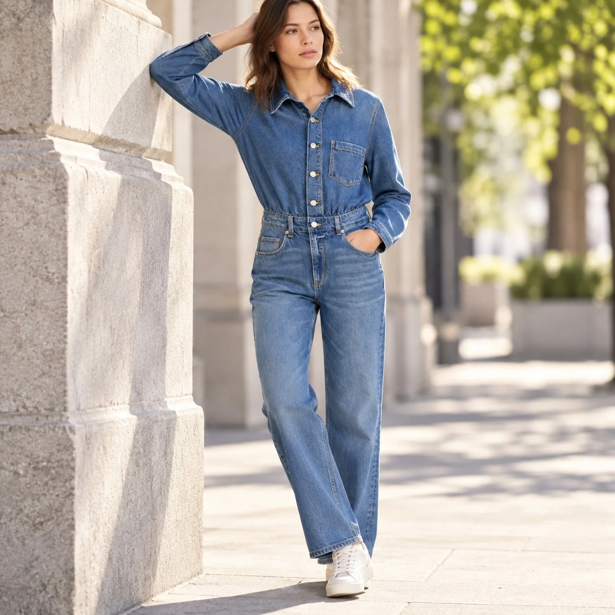 Patchwork Straight Leg Pants Straight Cut Streetwear with Medium Thickness Long Pants No Stretch High Waist Women Jumpsuit