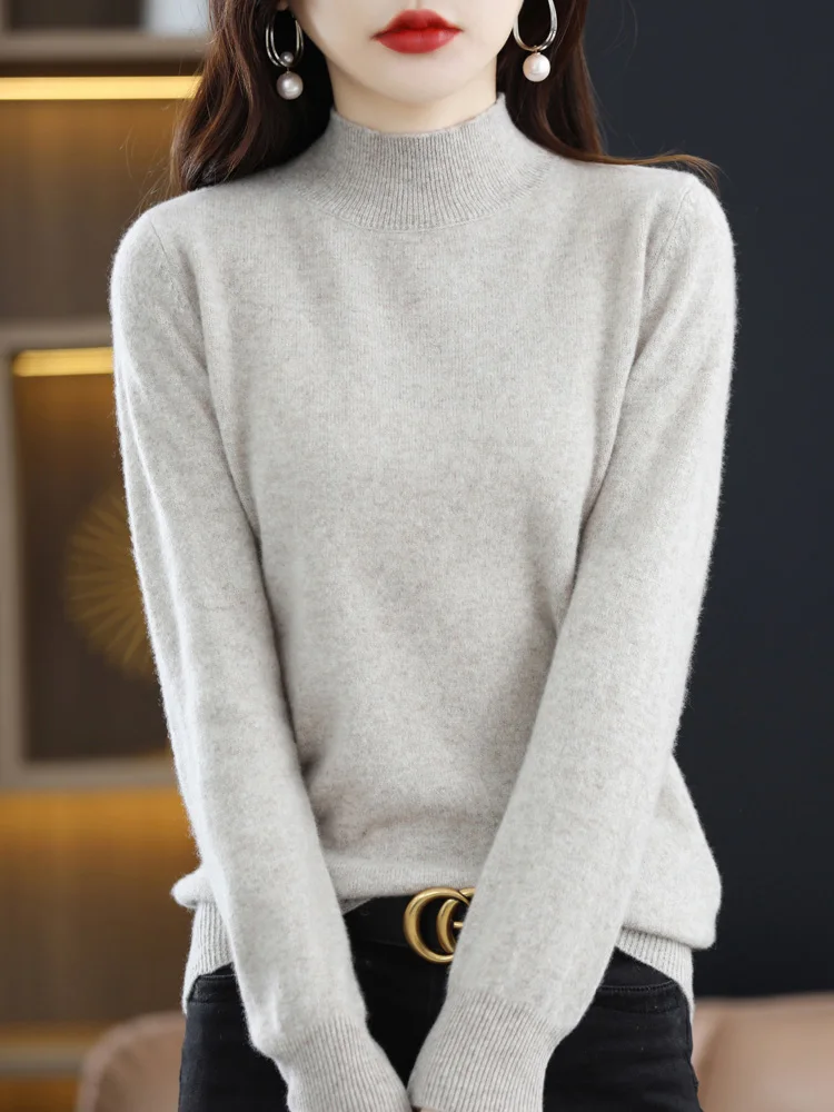 Addonee Autumn Winter Women Basic Sweater Mock Neck Pullover 100% Merino Wool Long Sleeve Solid Cashmere Knitted Female Clothes