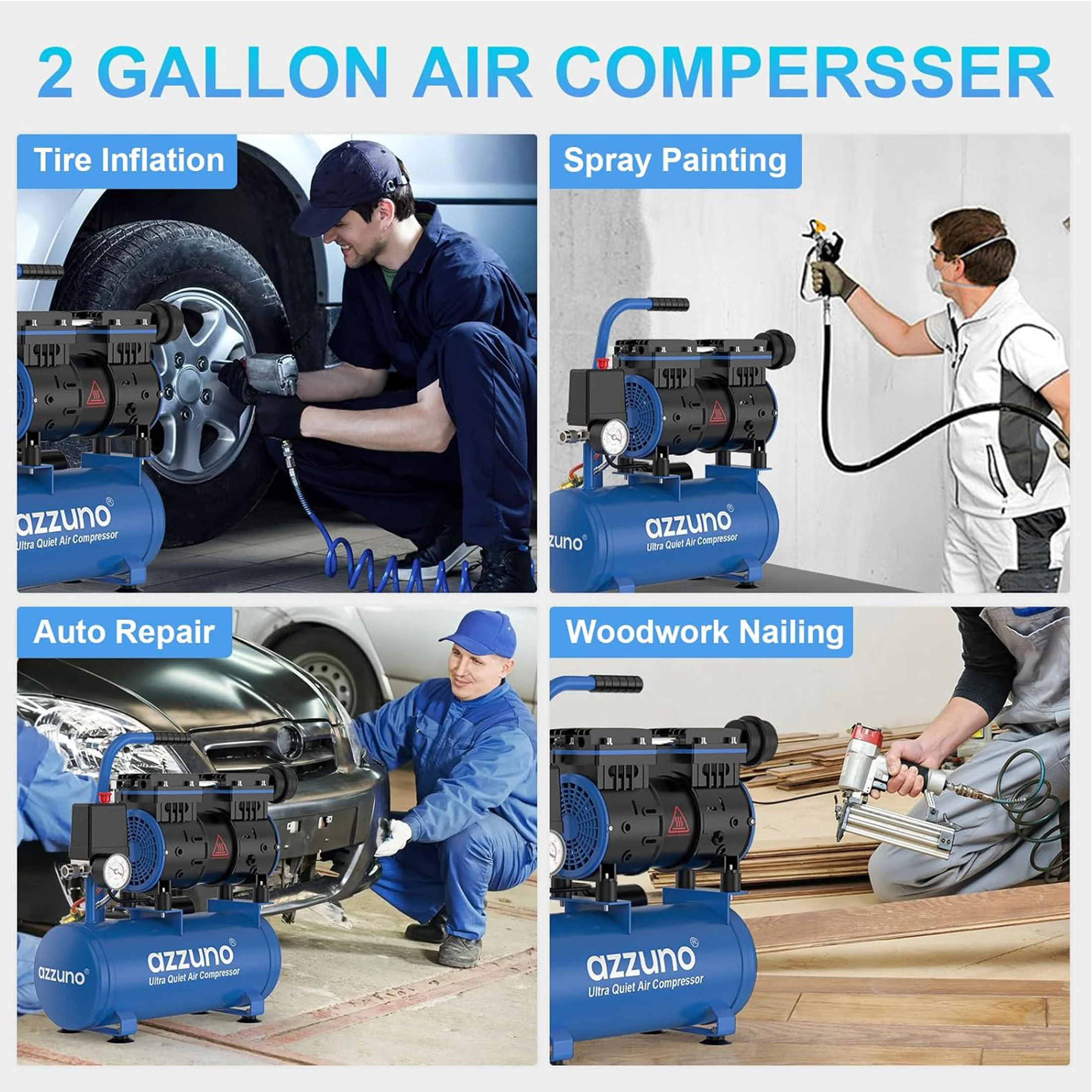 AZZUNO Silent Air Compressor 2 Gallon Quiet Oil-free Portable Air Pump for Home Repair Tire Inflation Whisper Compressor