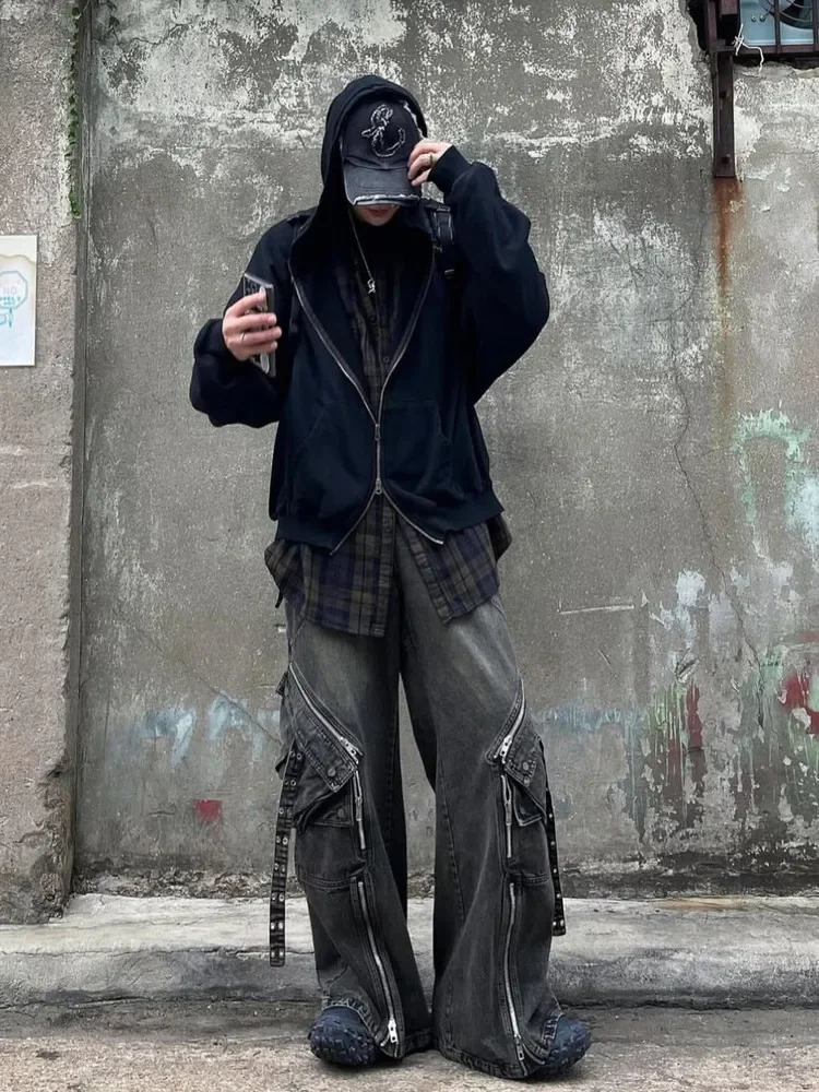 NO FAITH STUDIOS Dune Wasteland Wind Zipper Multi-Pocket Loose Straight Horn Tooling Jeans