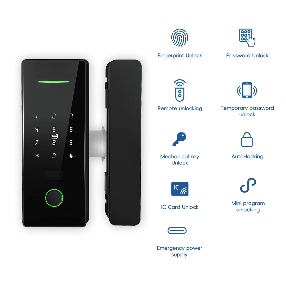 Bluelock Glass Door Smart Lock TTLock BLE APP Controlled Keyless Entry Fingerprint Lock for Apartment Steel Door Grade C