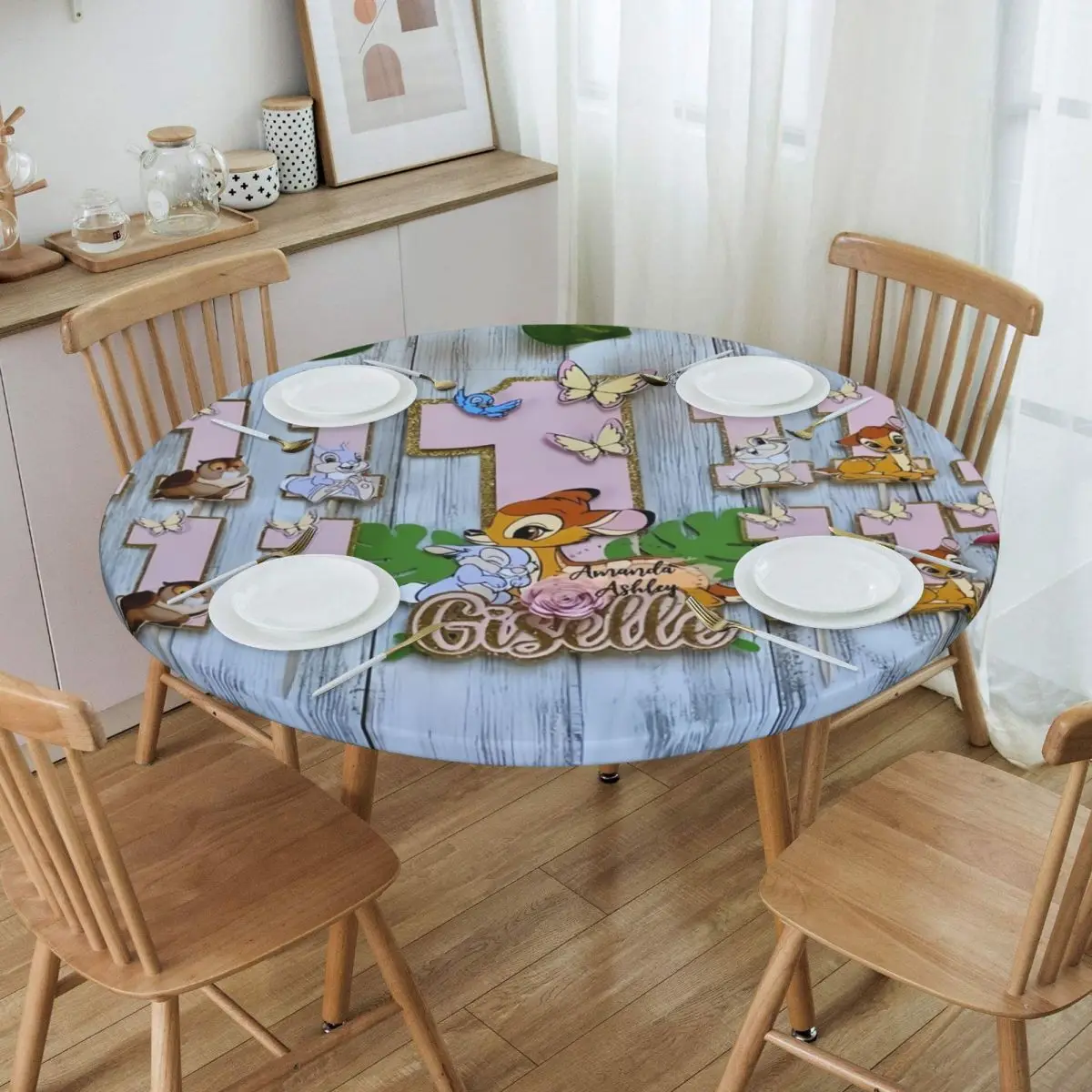 Customized Disney Bambi Animated Movies Tablecloth Round Fitted Oilproof Table Cover Cloth for Banquet