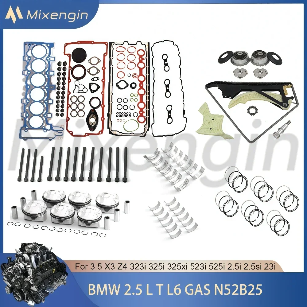 Engine Cylinder Full Gasket Set & Timing Kit & Engine Bearing & Pistons Kit Bolts For BMW 2.5 L T L6 GAS N52B25 3 5 X3 Z4 04-15