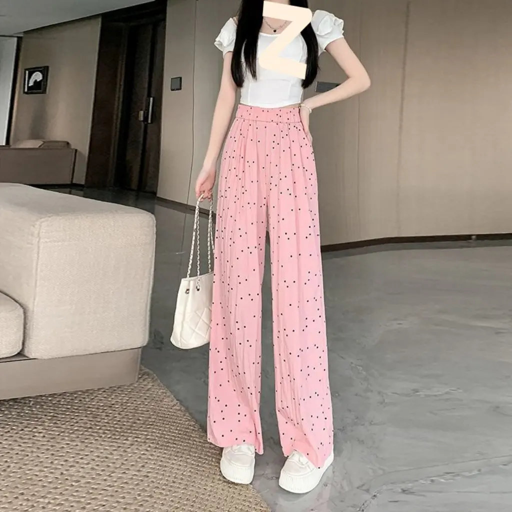 여성용 한국식 폴카 도트 야마모토 팬츠 하이웨이스트 스트레이트 와이드 레그 캐주얼 여름 얇은 아이스 실크 루즈핏 화이트